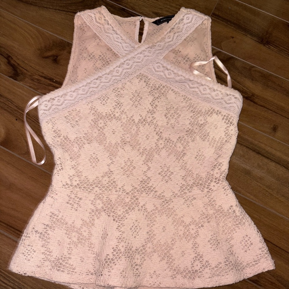 BCBGMaxAzria Lace Cross-Front Blouse - Cream
